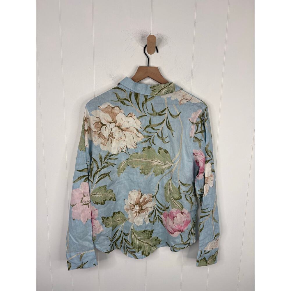 Joie 100% Linen Tropical Leaf Floral Button Up Top Large Light Blue Vacation - Picture 6 of 8